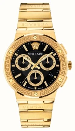 Versace GRECA LOGO CHRONO | Black Dial | Gold PVD Steel Bracelet