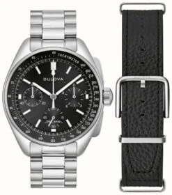 Bulova Men's Lunar Pilot Chronograph Black Dial / Stainless Steel Bracelet And Black Leather Strap Set