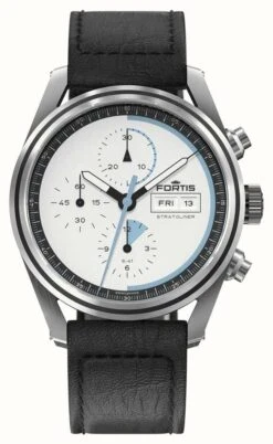 FORTIS Stratoliner S-41 Automatic White Dust (41mm) Black Leather Aviator Strap
