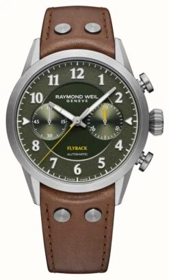 Raymond Weil Freelancer Men’s Pilot Flyback Chronograph (42mm) Green Dial / Brown Leather Strap