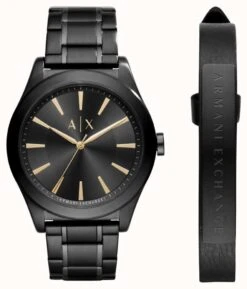 Armani Exchange Men's Watch And Bracelet Gift Set | Black Dial | Black Stainless Steel