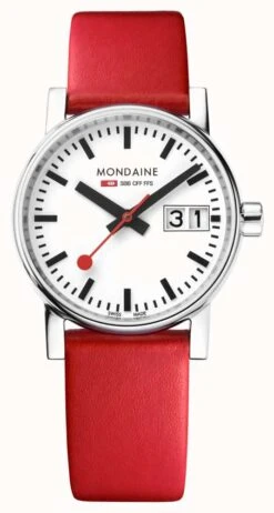 Mondaine Evo2 30mm Big Date Red Leather Strap Watch