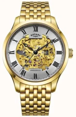 Rotary Men's Greenwich Automatic Gold Plated Skeleton Watch