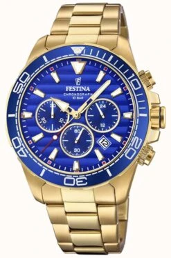 Festina Men's Gold Stainless Steel Chronograph Blue Dial