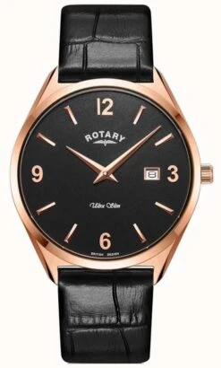Rotary Men's Ultra Slim | Black Leather Strap | Rose Gold PVD Case