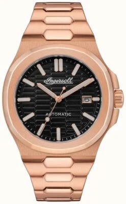 Ingersoll THE CATALINA Honeycomb Textured Black Dial Rose Gold Bracelet