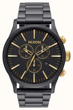 Nixon Sentry Chrono | Matte Black / Gold | Black IP Steel Bracelet | Black Dial