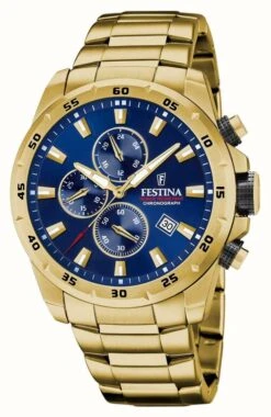Festina Men's Chronograph | Blue Dial | Gold PVD Bracelet