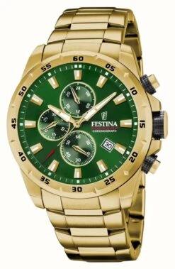 Festina Men's Chronograph | Green Dial | Gold PVD Plated Bracelet