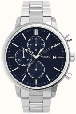 Timex Chicago Chrono 45mm Silvertone Case Blue Dial SST Bracelet