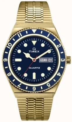 Timex Q Diver Inspired Gold Tone Case Blue Dial Gold Tone Band