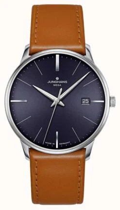 Junghans Meister MEGA Brown Blue Dial Leather Strap Sapphire Crystal