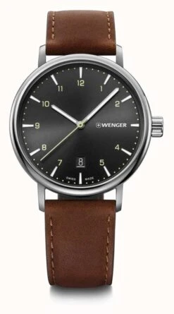 Wenger Urban Classic Black Sunray Dial Brown Leather